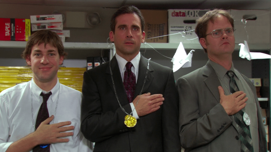Characters Jim, Michael, and Dwight from The Office