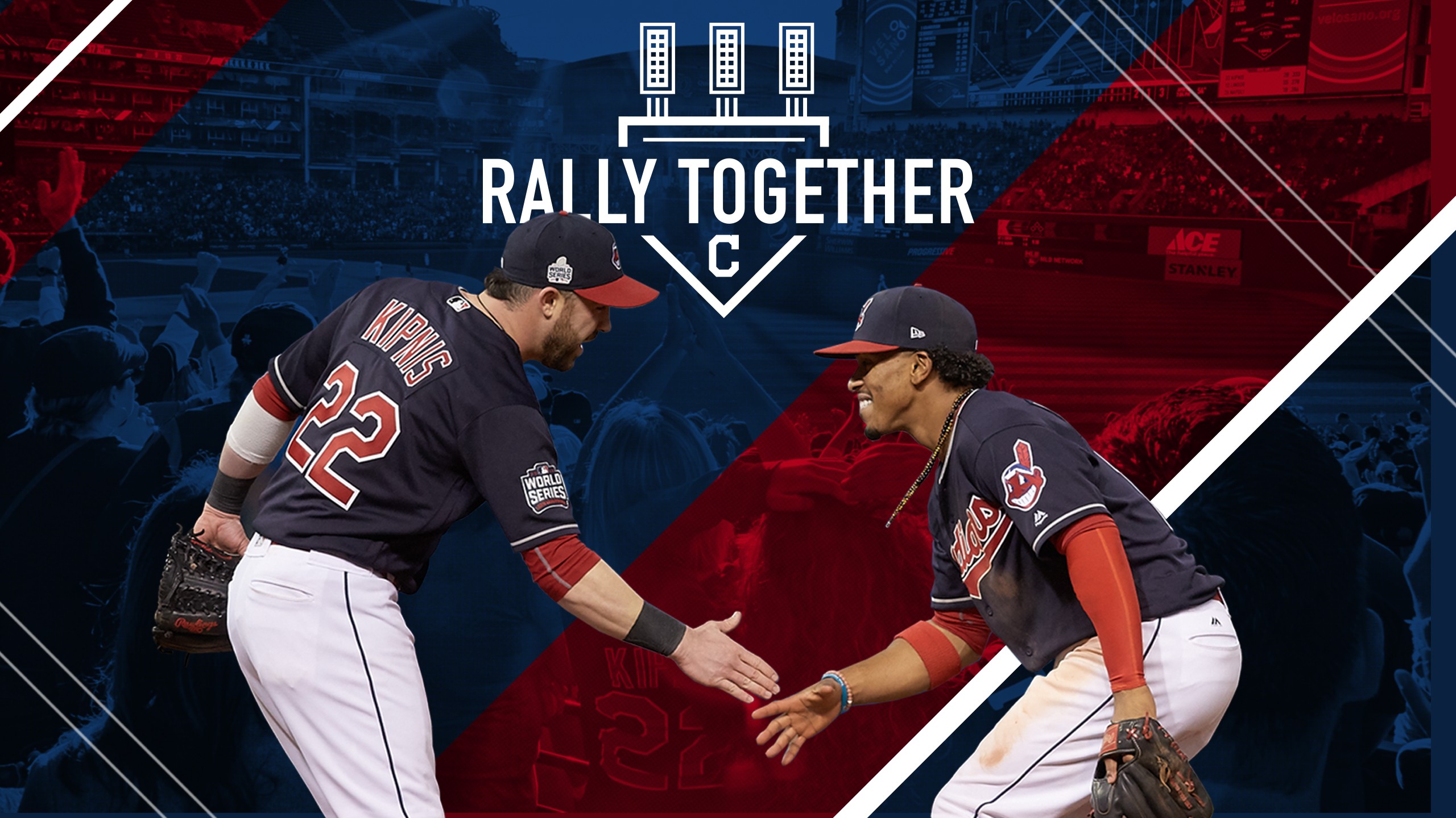 Cleveland Indians players shaking hands. Rally together